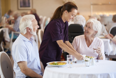 caregiver serving meal to senior couple